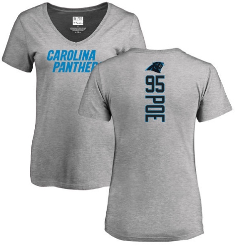 Carolina Panthers Ash Women Dontari Poe Backer V-Neck NFL Football #95 T Shirt->nfl t-shirts->Sports Accessory